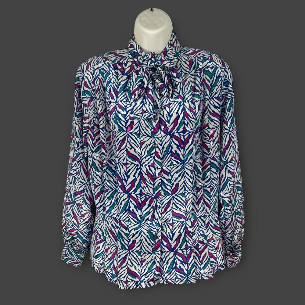 Vintage‎ White Blue Secretary Blouse Size 14 High Neck Bow Colorful Career